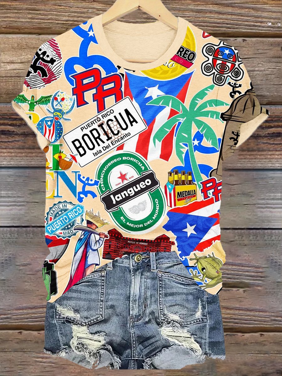 Puerto Rico Color Casual Print Crew Neck T-shirt