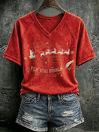 V Neck Retro Funny Christmas Fly You Fools Reindeer Holiday Season Print T-Shirt