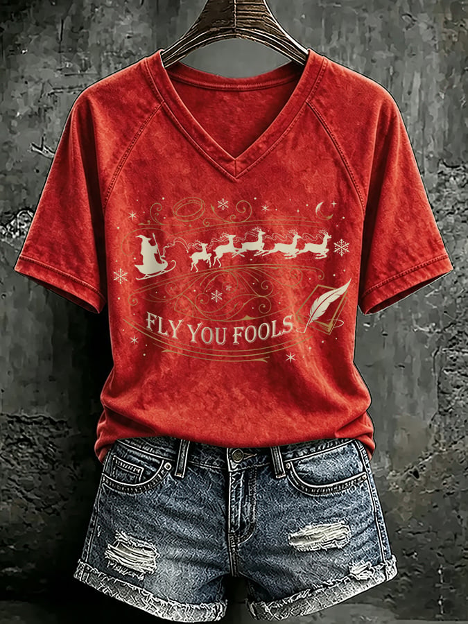 V Neck Retro Funny Christmas Fly You Fools Reindeer Holiday Season Print T-Shirt