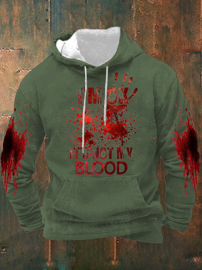 Men's I'M Ok It'S Not My Blood Halloween Printed Hooded Sweatshirt