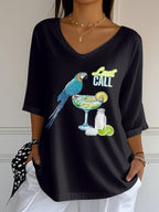 Women's Retro Parrot Margarita Print Mid Sleeve T-Shirt