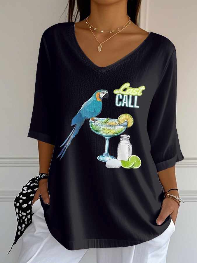 Women's Retro Parrot Margarita Print Mid Sleeve T-Shirt