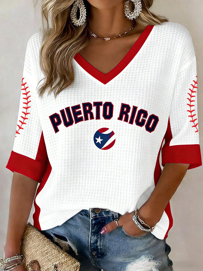 Women's Casual Baseball Printed Waffle Top