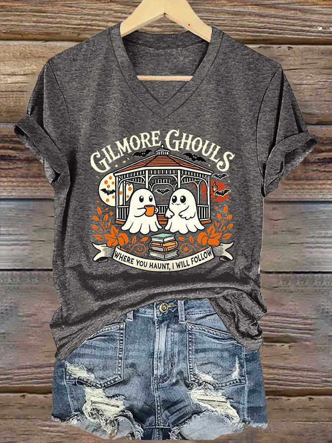 V-Neck Retro Gilmore Ghouls Where You Haunt, I Will Follow Print T-Shirt