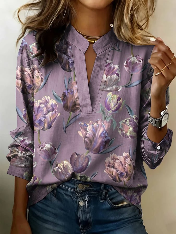 Women's Casual Spring Floral Cotton-Linen Shirt