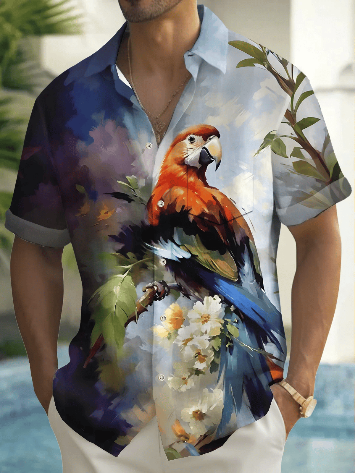 Men's Hawaiian Shirt Flora Parrot Print Pocket Short Sleeve Shirt