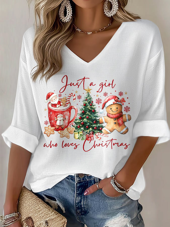 Women's casual just a girl who loves Christmas printed waffle long-sleeved T-shirt