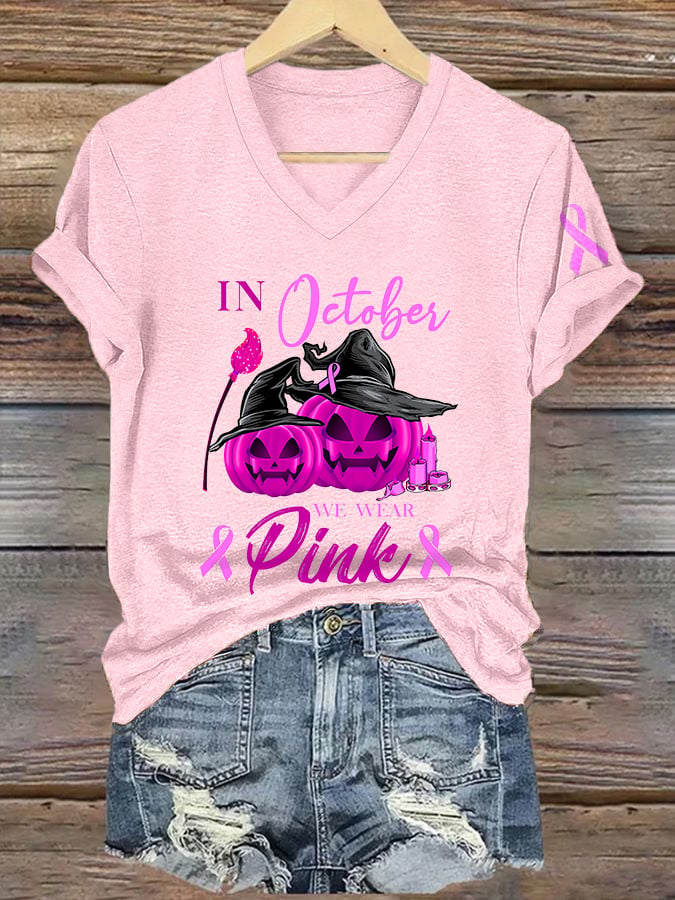 Women's In October We Wear Pink Print V-Neck T-Shirt