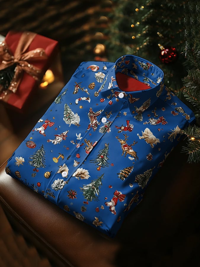 Men's Luxury Christmas Contrast Color Print Long Sleeve Shirt