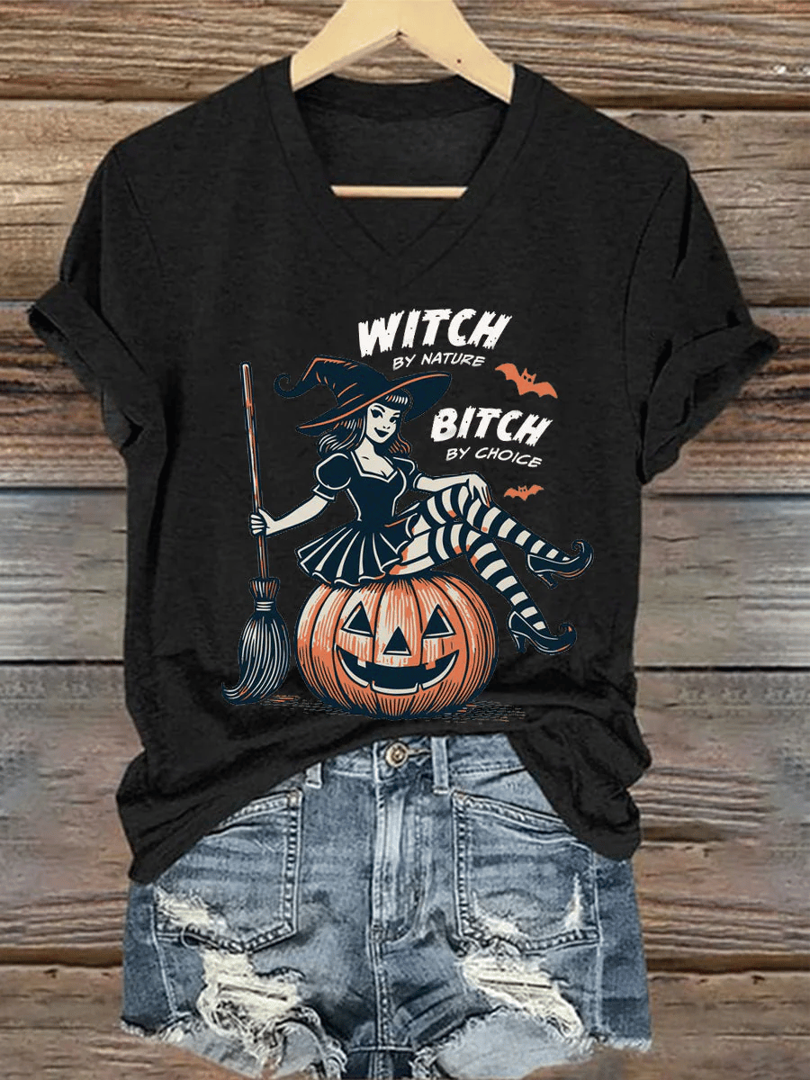 Women's  Witch by Nature Bitch by Choice Halloween Printed T-Shirt