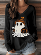 Women's Halloween Ghost Print V-Neck Long Sleeve T-Shirt