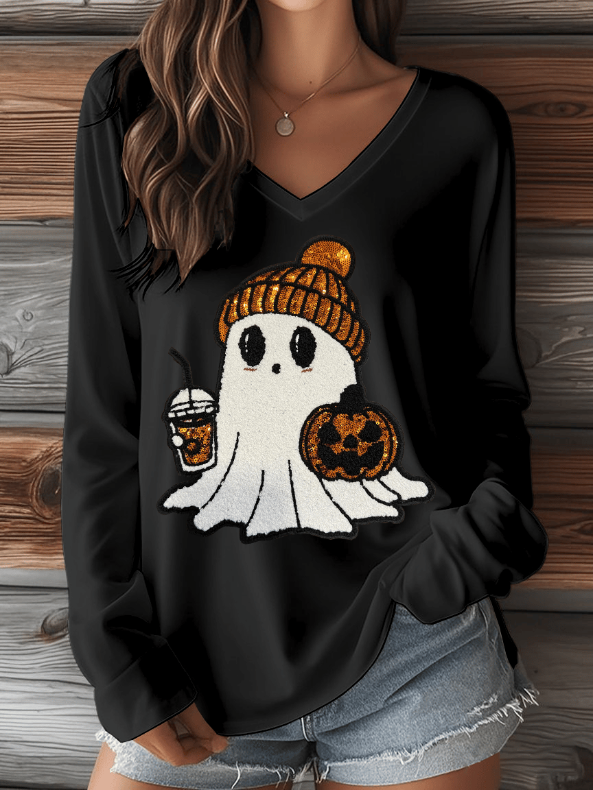 Women's Halloween Ghost Print V-Neck Long Sleeve T-Shirt