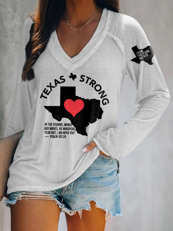 V-neck Retro Texas Strong From The Flood, We Rise Texas Strong In The Storms, Winds And Waves, He Whispers,“Fear Not, I Am With You”— Psalm 107:29 Print T-Shirt