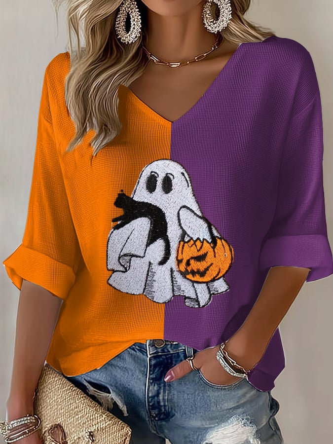 Women's Cat and Ghost Casual Waffle Shirt