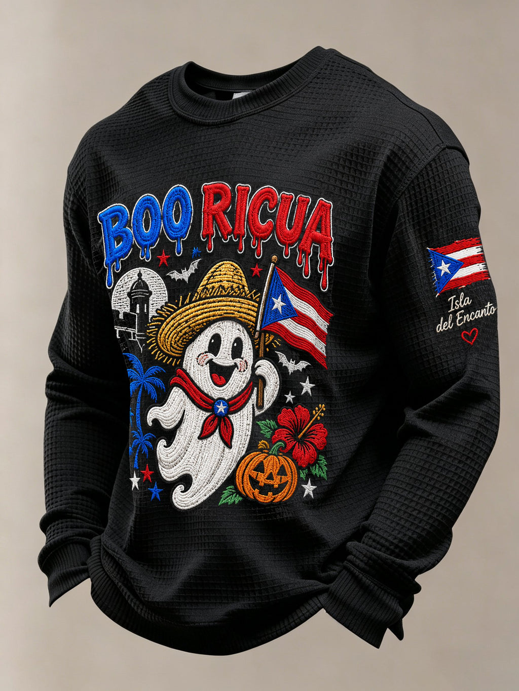 Men's Boricua Halloween Waffle-Knit Long-Sleeve Top