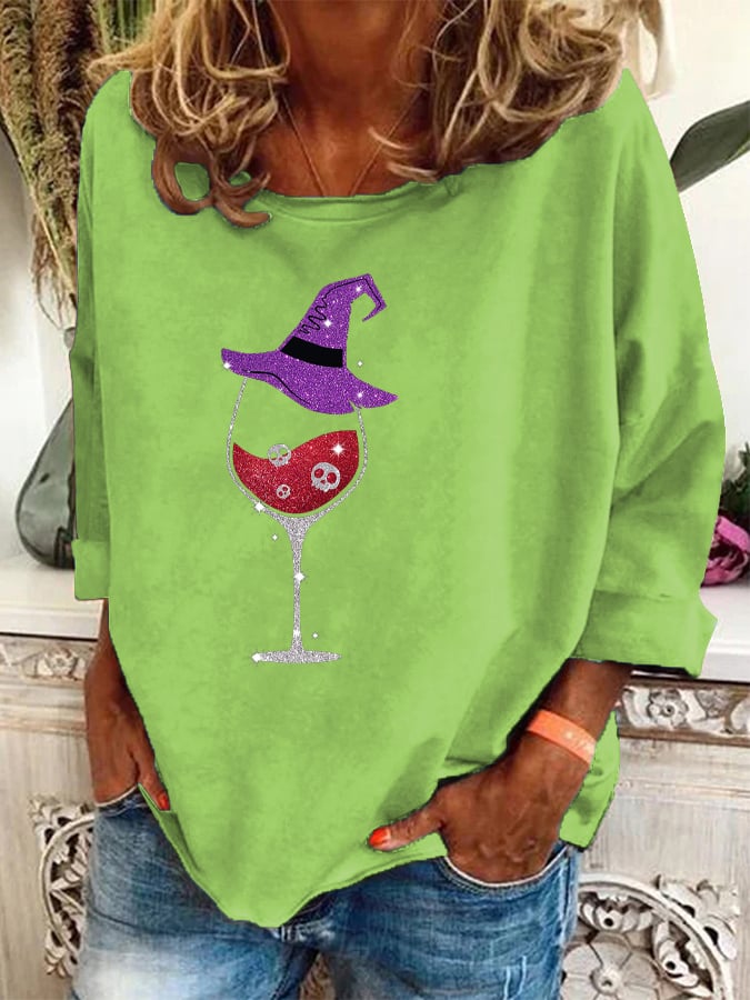 Women's Halloween Skull Wine Print Sweatshirt