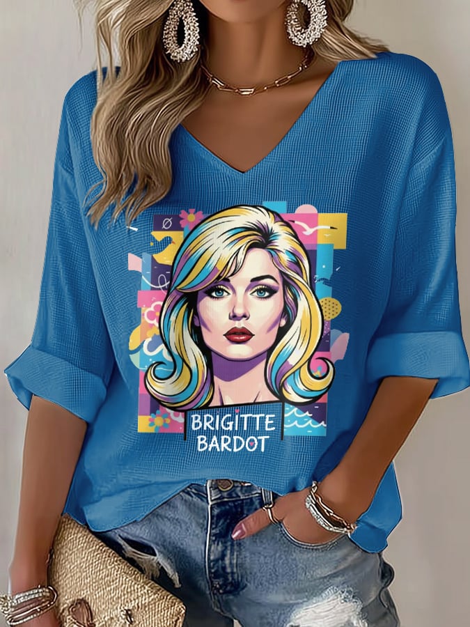 V-Neck Retro B.B. Watercolor Painting Print T-Shirt