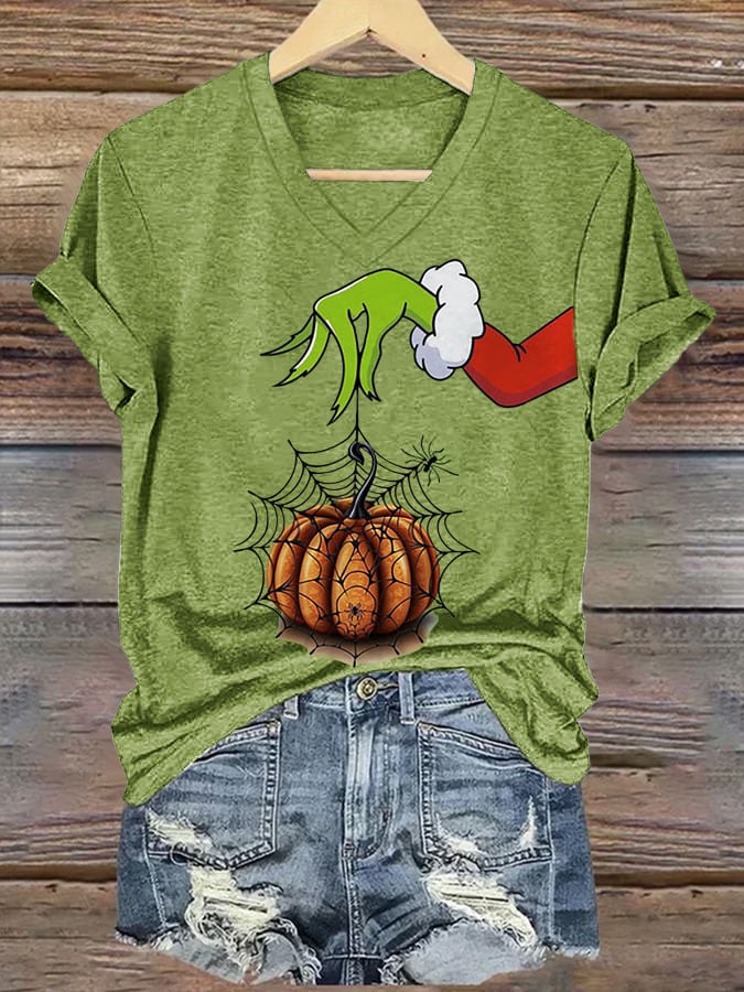 Women's Leopard Pumpkin Print V Neck T-Shirt