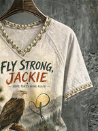 V Neck Retro Jackie Fly Strong, Hope Takes Wing Again Print T-Shirt