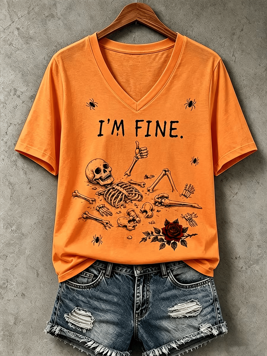 Women's Halloween I'm Fine Print V Neck T-Shirt