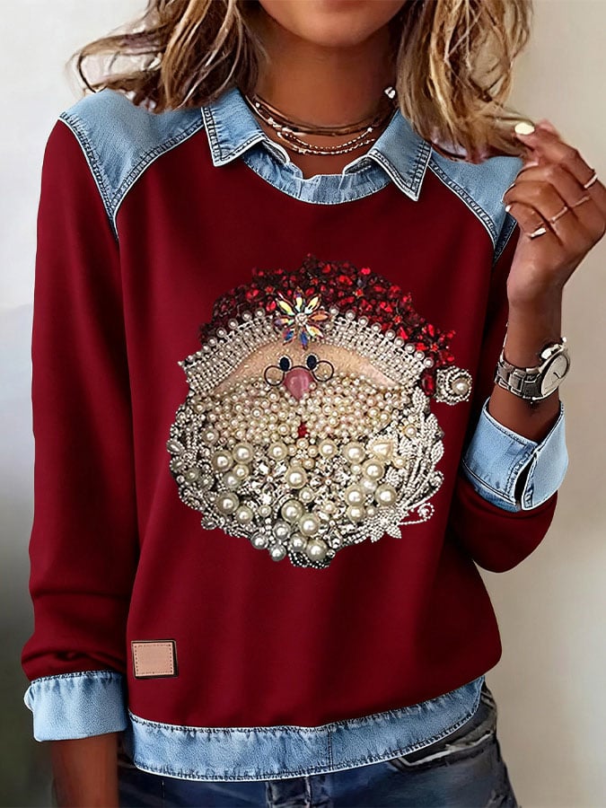 Women's Santa Head Printed Comfortable Denim Patchwork Sweatshirt