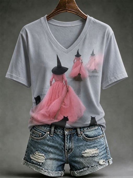 Women's Halloween Print V Neck T-Shirt