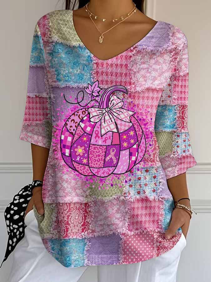 Pumpkin Breast Cancer Printed Long Sleeve Top