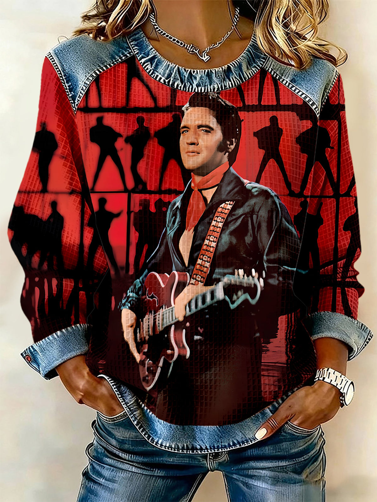 King of Rock and Roll Printed Patchwork Casual Sweatshirt