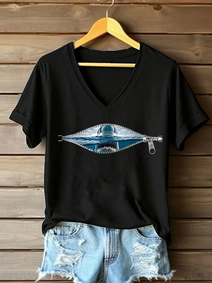Women's Great White Shark Casual V-Neck T-Shirt