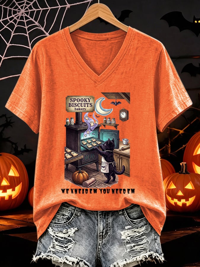 V-Neck Retro Halloween Cat Baking Pumpkin Ghost Spooky Biscuits Bakery  We Knead Em You Need Em Print T-Shirt