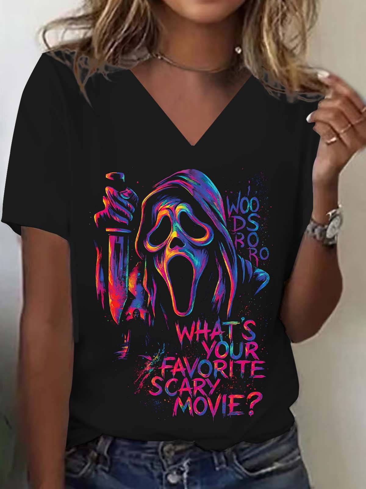 Halloween What's Your Favorite Scary Movie Printed V-neck T-shirts