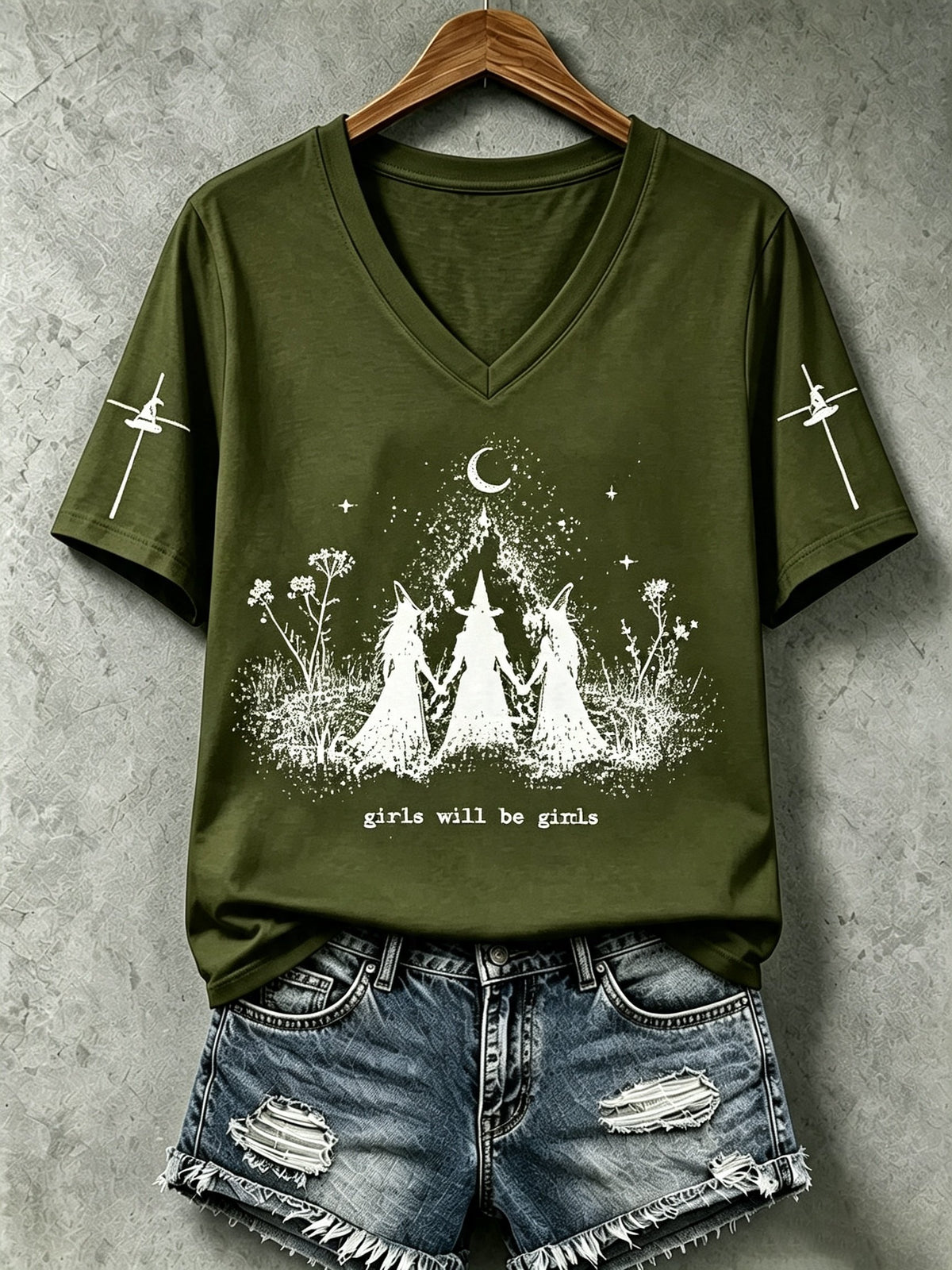 Women's Halloween Girls Will Be Girls Witch Print V Neck T-Shirt