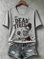 Women's Halloween Dead Tired Print T-Shirt