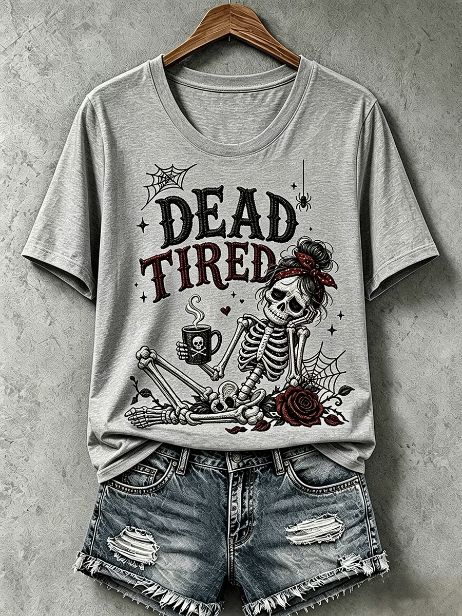 Women's Halloween Dead Tired Print T-Shirt