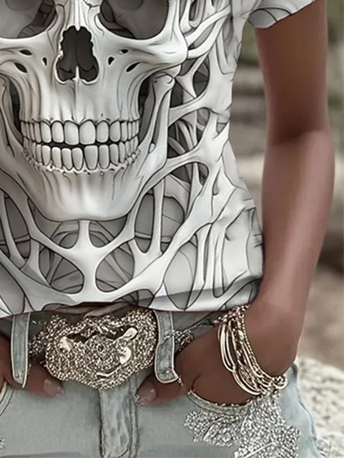 Women's Halloween Skull Print Crew Neck T-Shirt