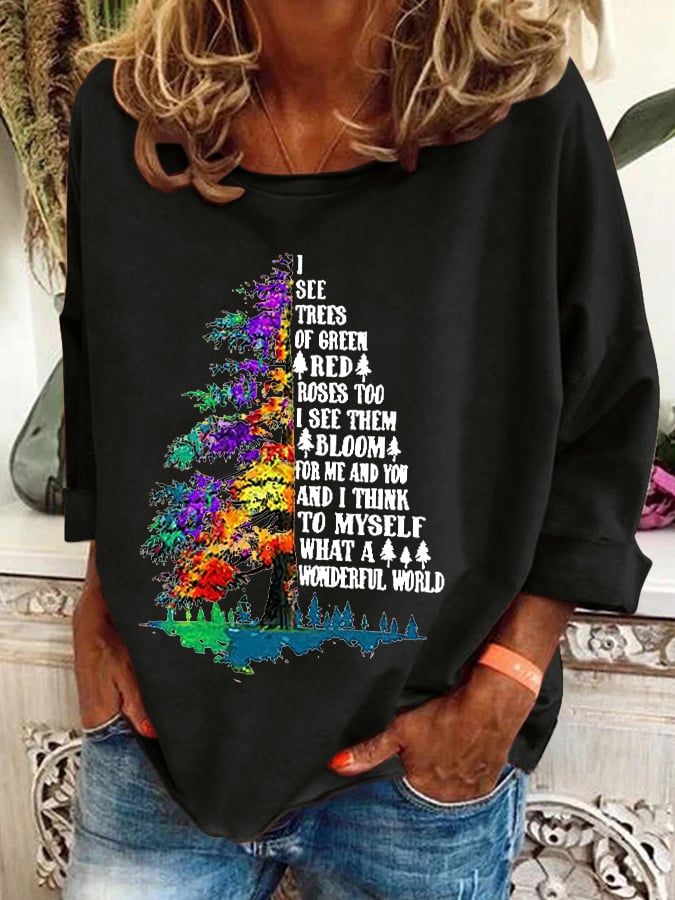Retro Hippie Christmas I See Trees Of Green, Red Roses Too I See Them Bloom For Me And You And I Think To Myself What A Wonderful World Print Sweatshirt
