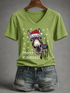 V-Neck Retro Funny Christmas Donkey Merry Kissmyass Print T-Shirt
