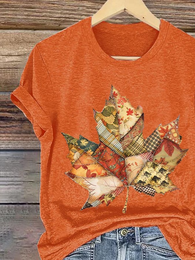 Women's Casual Autumn Golden Maple Leaf Stitching Print T-shirt