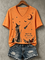 Women's Halloween Meet Me At Salem Print V Neck T-Shirt