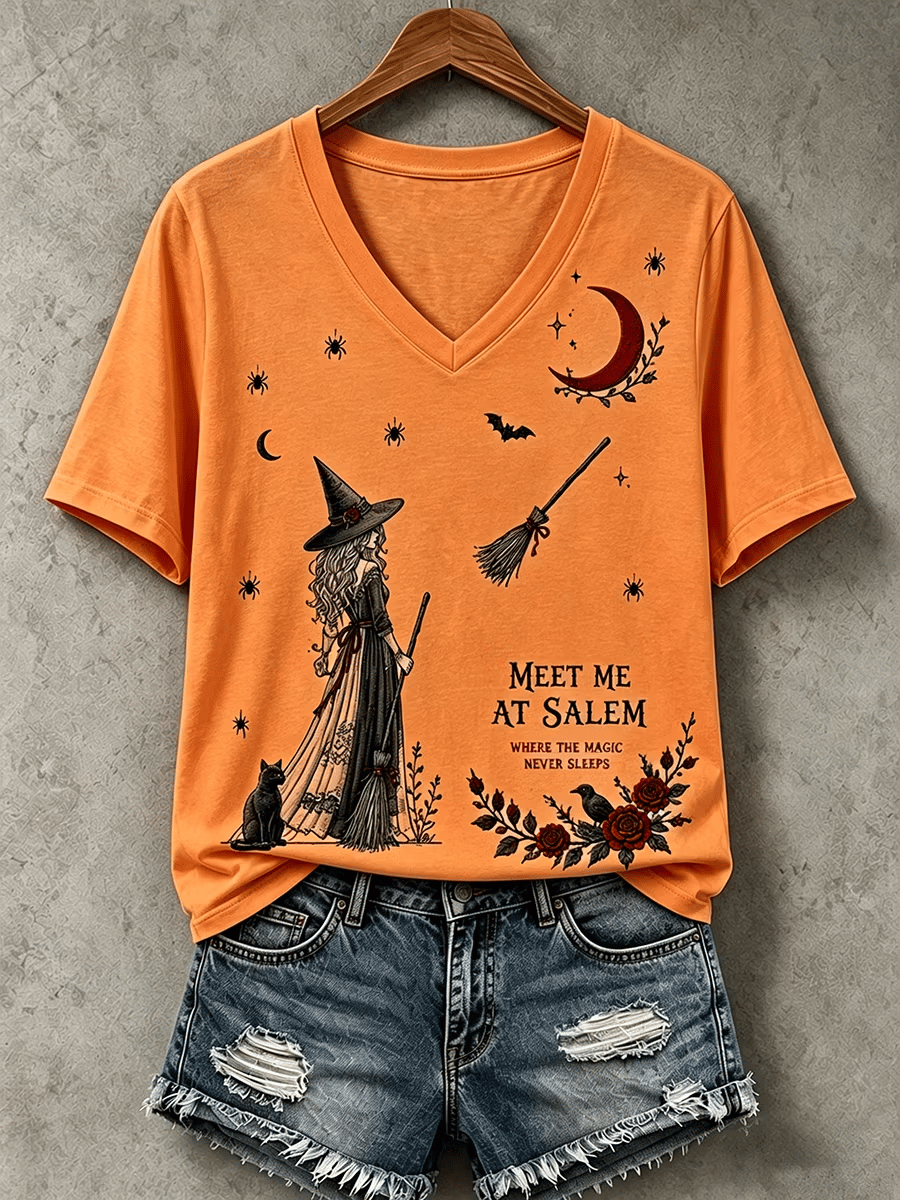 Women's Halloween Meet Me At Salem Print V Neck T-Shirt