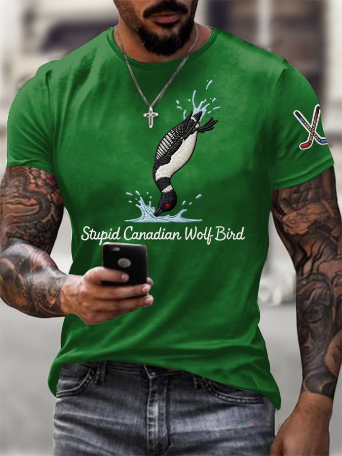 Men's Stupid Canadian Wolf Bird Print T-Shirt