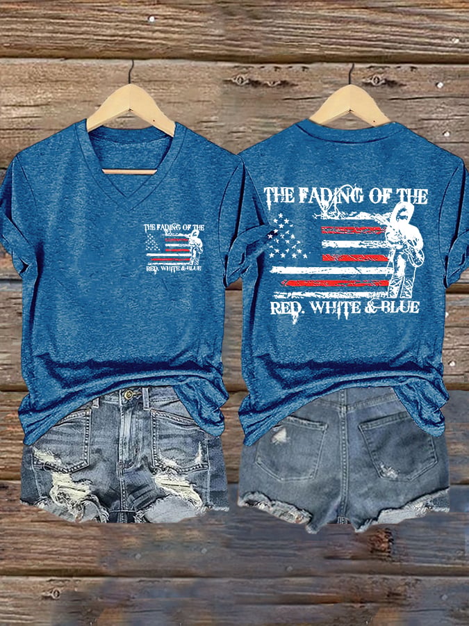 V-Neck The Fading of the Red White and Blue Print T-Shirt