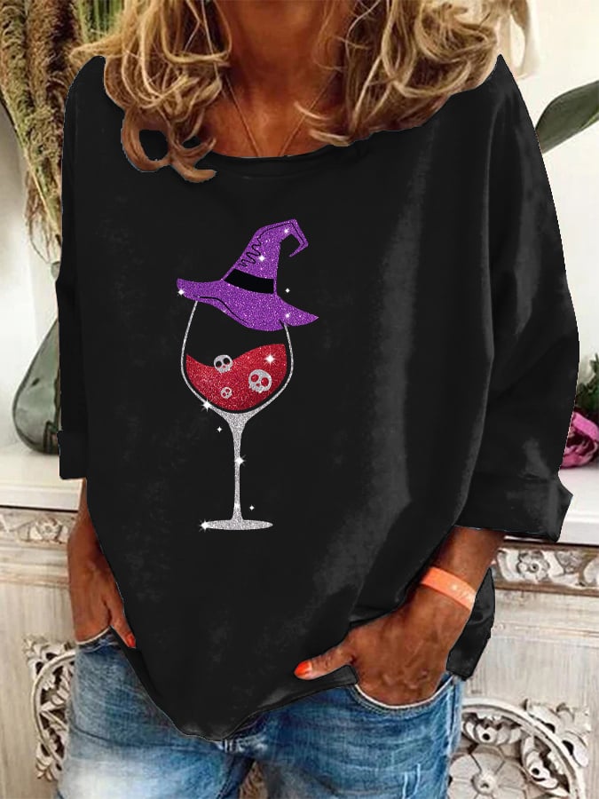 Women's Halloween Skull Wine Print Sweatshirt