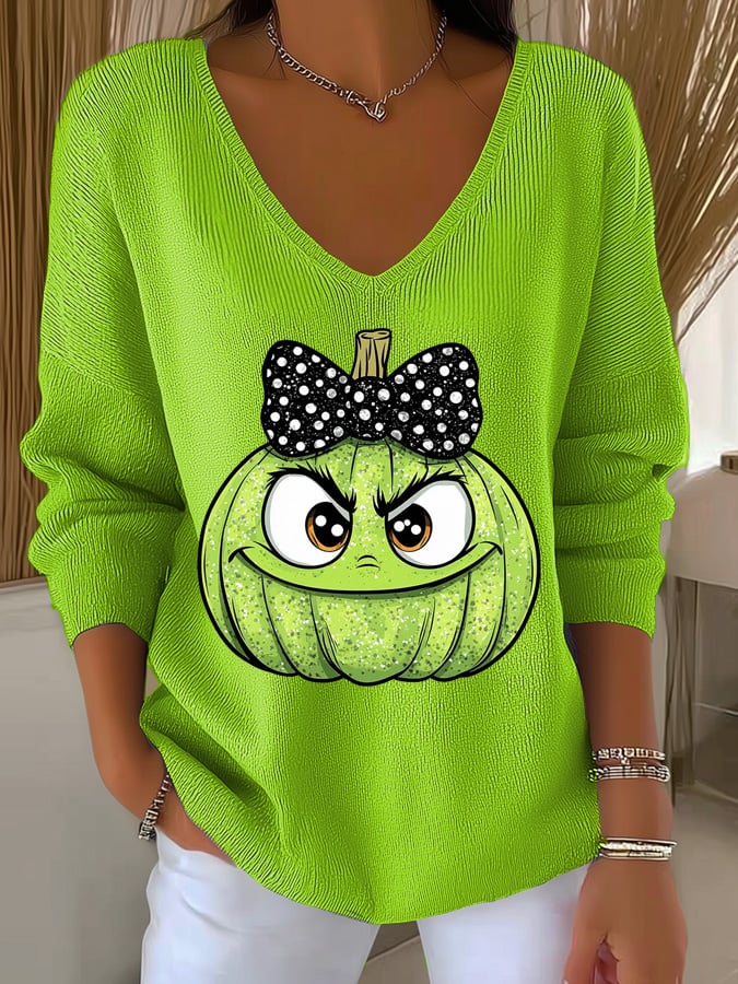Women's Halloween Ghost Face Print Long Sleeve Knit Top