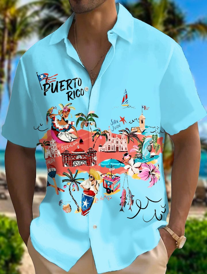 Puerto Rico Singer Fun Print Men's Pocket Short Sleeve Shirts