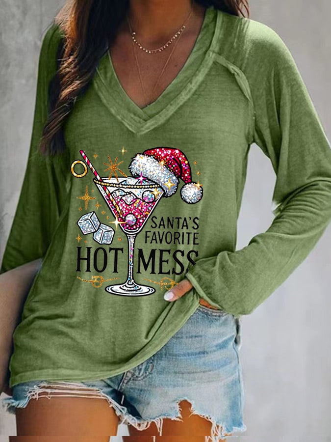 Women's Christmas Santa's Favorite Hot Mess Print V-Neck T-Shirt