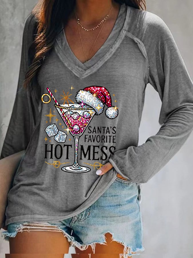 Women's Christmas Santa's Favorite Hot Mess Print V-Neck T-Shirt