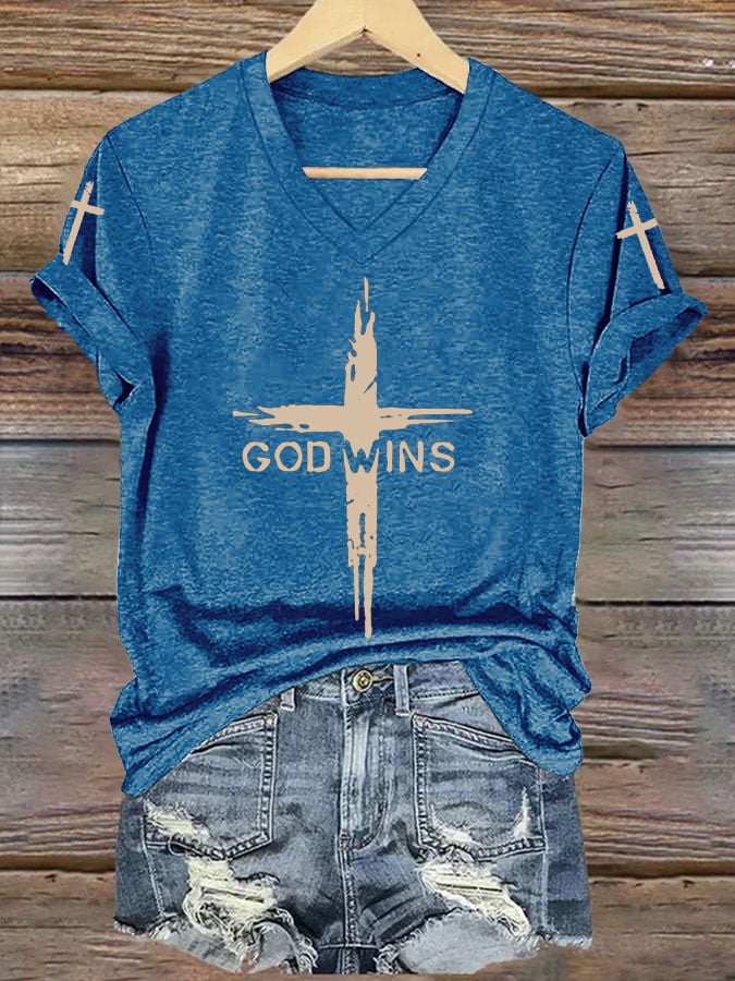 Women's God Wins Print V Neck T-shirt