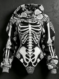 Women's Vintage Halloween Bone-Print Hooded Jumpsuit