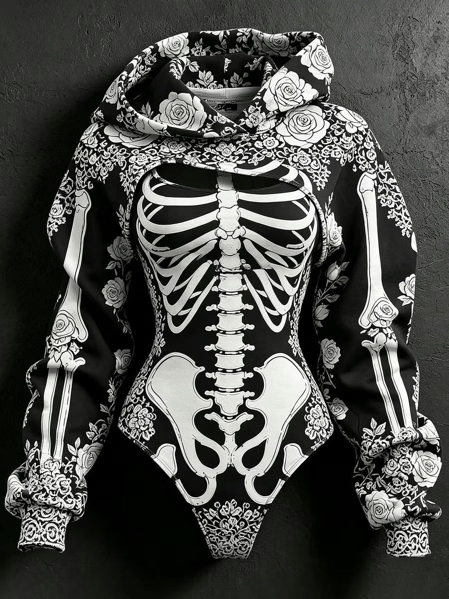 Women's Vintage Halloween Bone-Print Hooded Jumpsuit